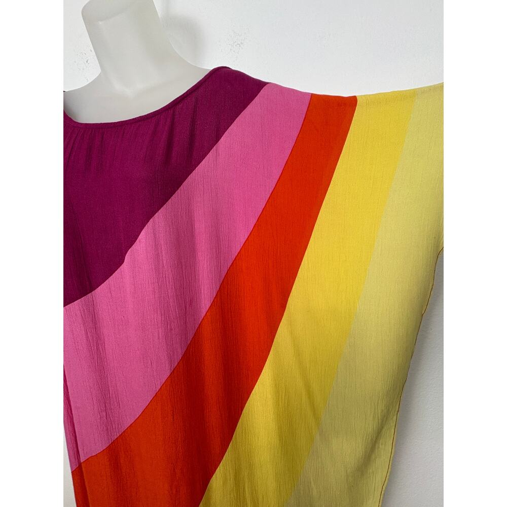 Free People Saachi NEON RAINBOW Striped Asymmetrical Rayon Top Maxi Kaftan Dress - Picture 7 of 10